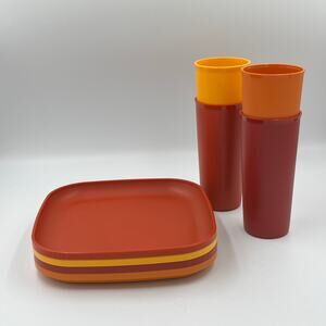 LOT of 8 Vintage Tupperware HARVEST AUTUMN COLORS Tumblers Plates 1970's